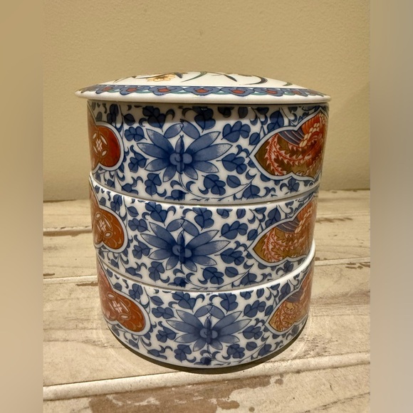 Vtg Japanese Stacking Trinket Bowls w/ Floral Pattern (Shibata China) 3 Tier/Lid - Picture 3 of 10